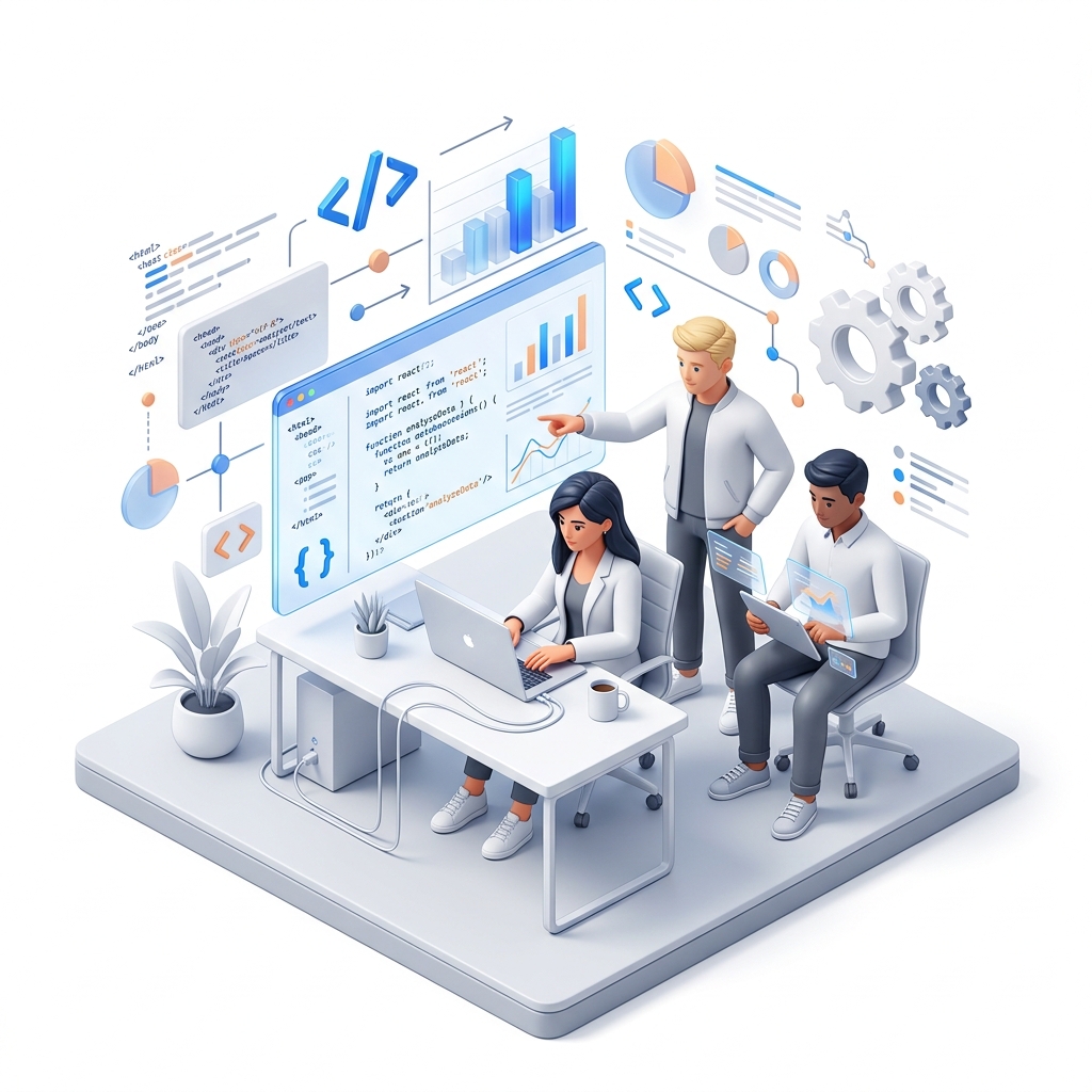 Equipe colaborando em código com um design clean e moderno